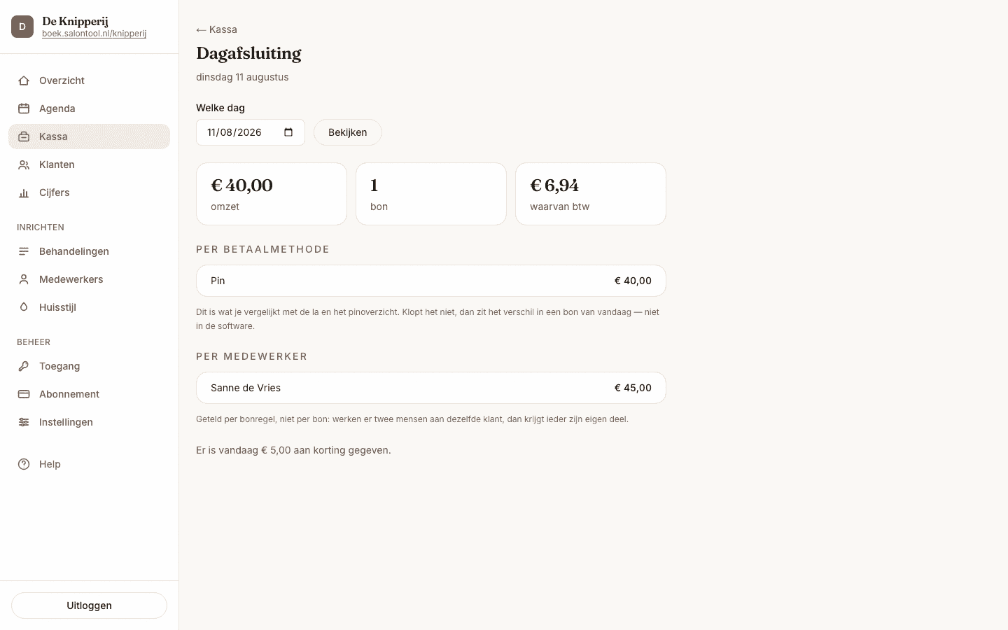 De dagafsluiting per betaalwijze.