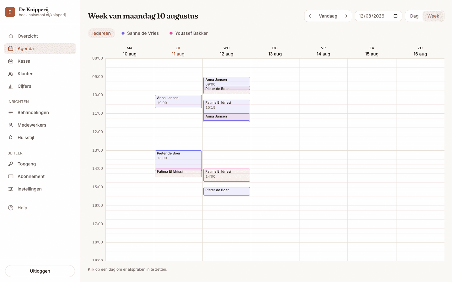 De weekweergave van de agenda: één medewerker over zeven dagen.