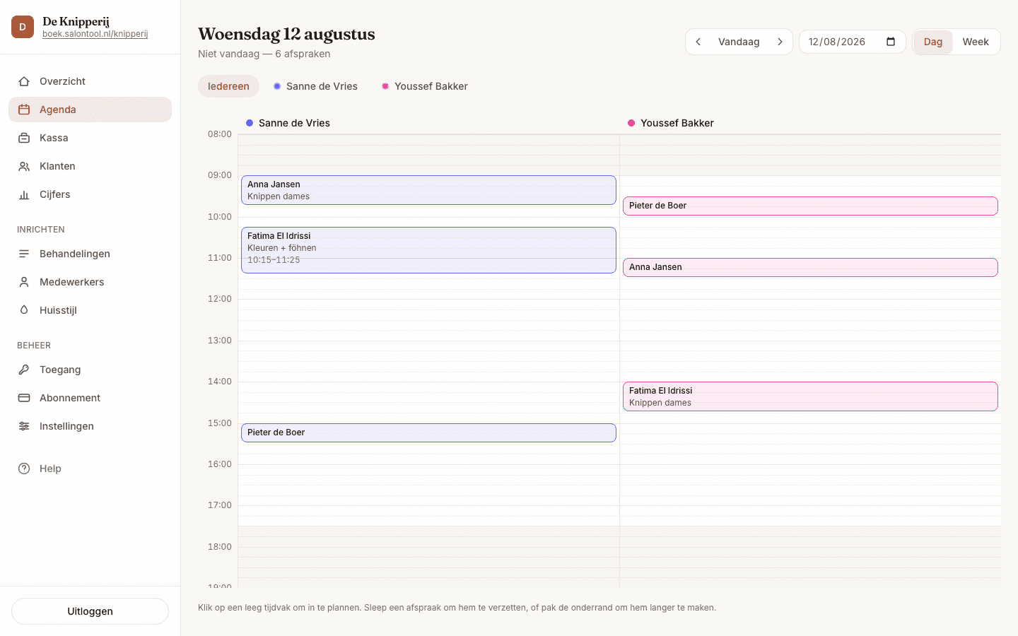 De agenda van Salontool met een kolom per medewerker en afspraken in hun eigen kleur