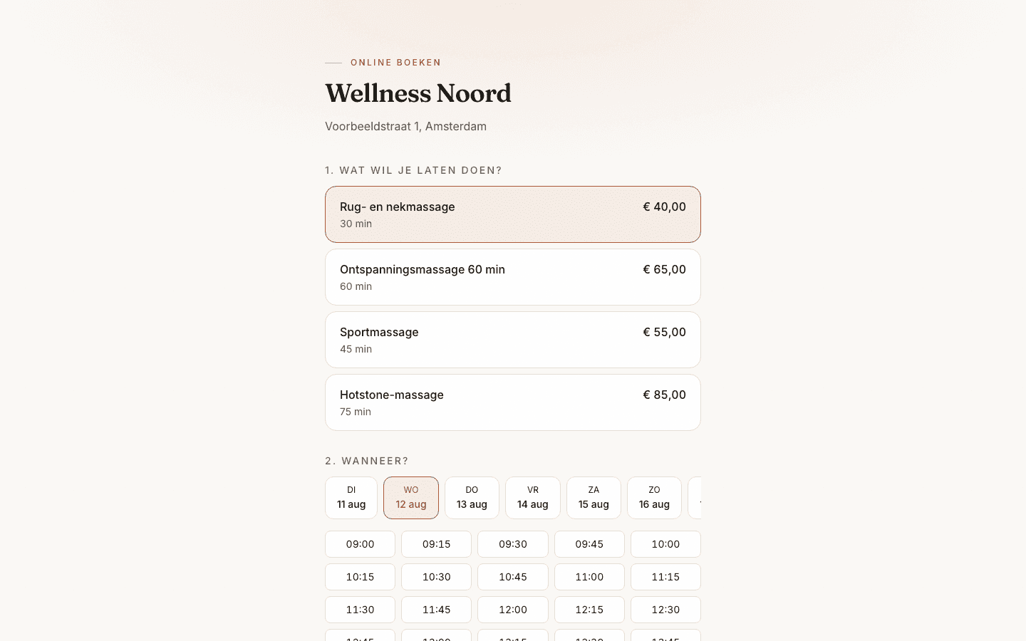 De vrije tijden op de boekingspagina van een wellnesscentrum.